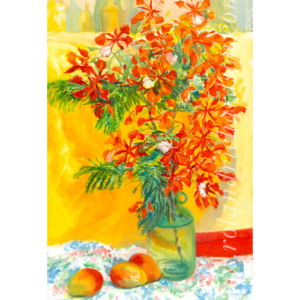 Flamboyant Bouquet in Green Jug with Mangoes